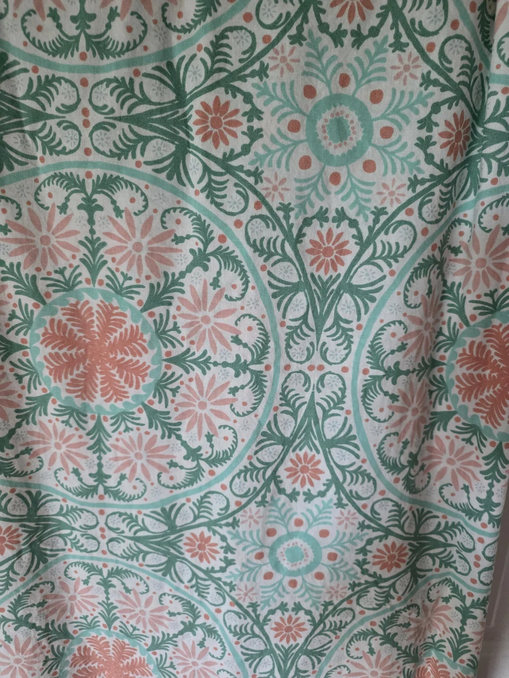 Opalhouse Mint Green and Coral Patterned Shower Curtain with Pom Trim